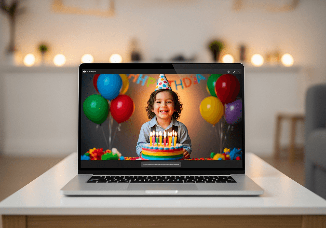 Schermo del portatile che mostra uno slideshow di compleanno felice con torta e palloncini sullo sfondo