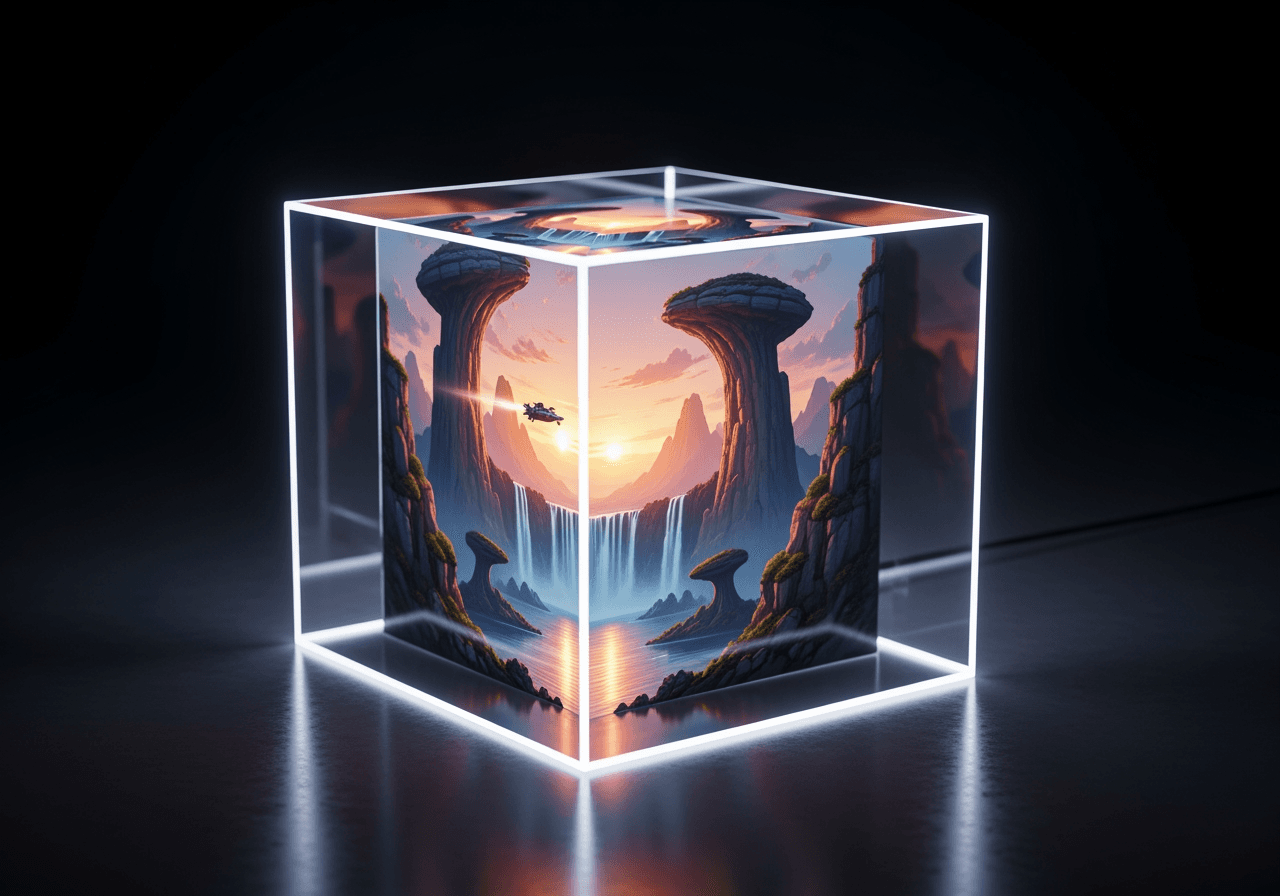 Cubo di vetro futuristico che mostra video cinematografici ad alta definizione