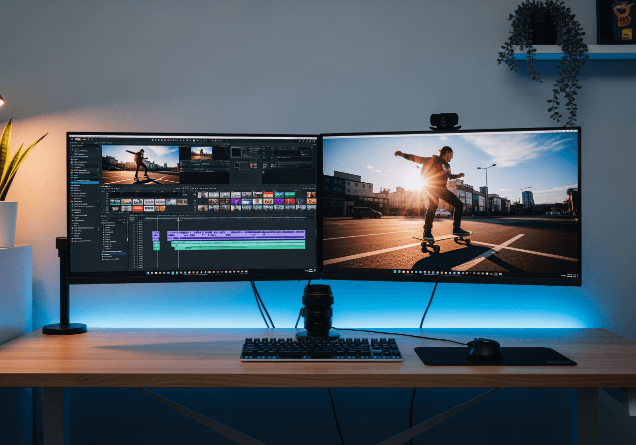 듀얼 모니터와 영상 편집 타임라인이 보이는 모던한 유튜버의 작업 공간