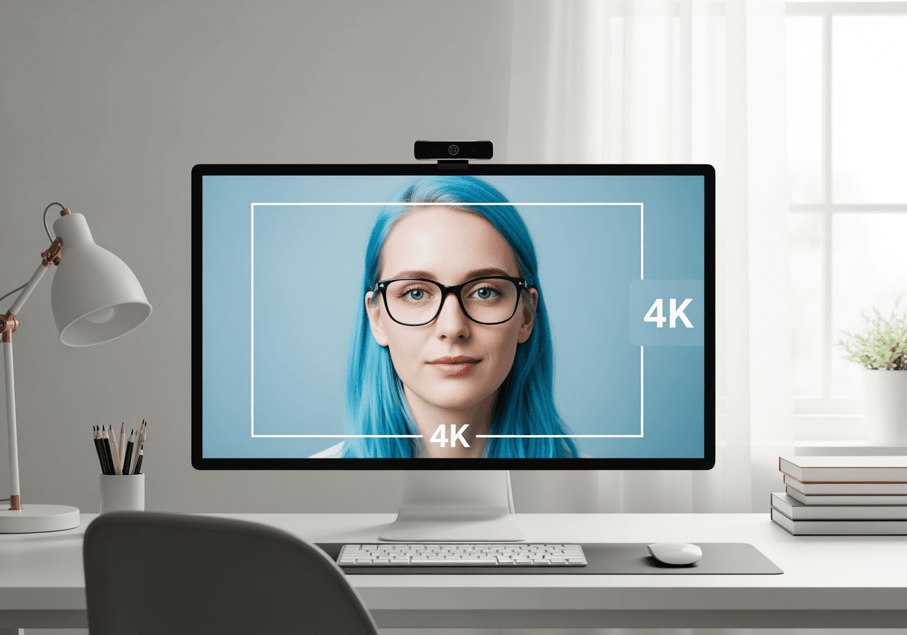 선명한 4K 화질로 인물을 보여주는 모니터와 웹캠이 있는 현대적인 홈 오피스 데스크 셋업