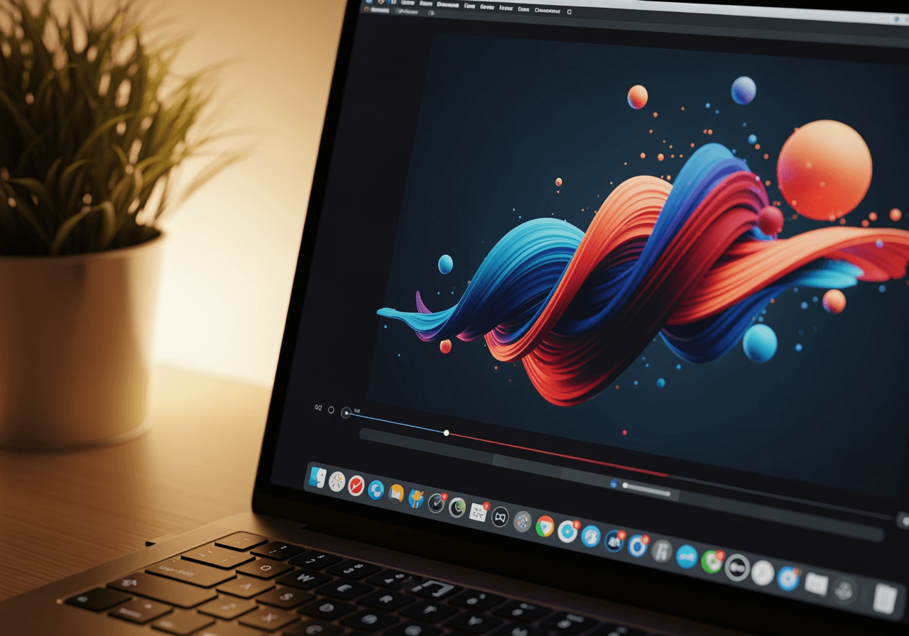 Laptop moderno su una scrivania minimalista che mostra l'editing di contenuti digitali creativi