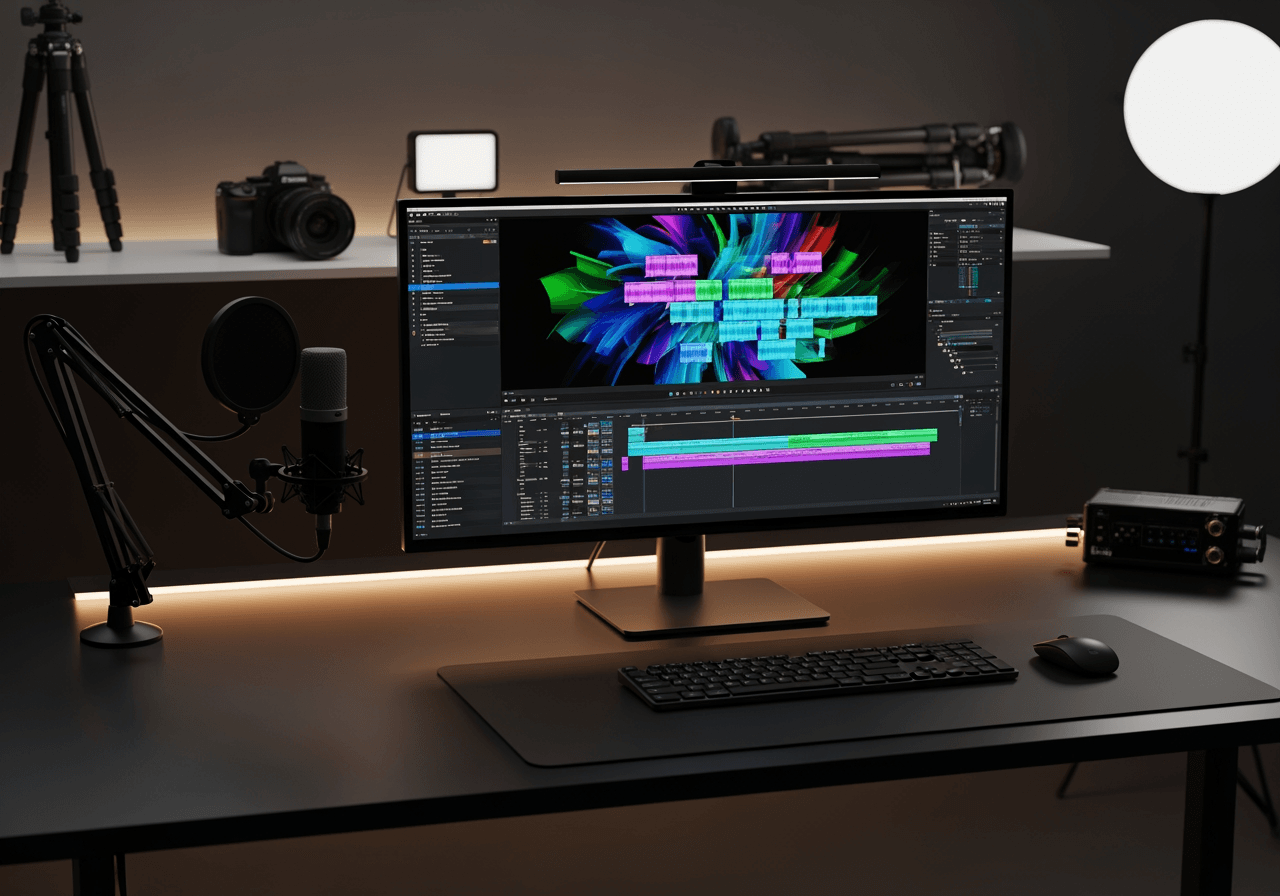 AI動画編集セットアップを備えたプロのYouTuberスタジオ