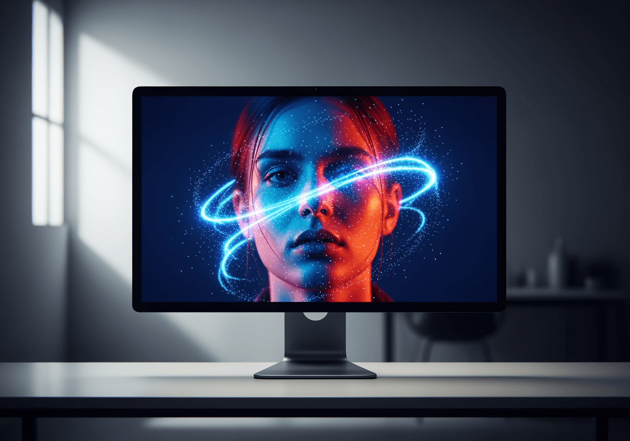 KI-Agent bearbeitet professionell ein Foto auf einem eleganten Monitor