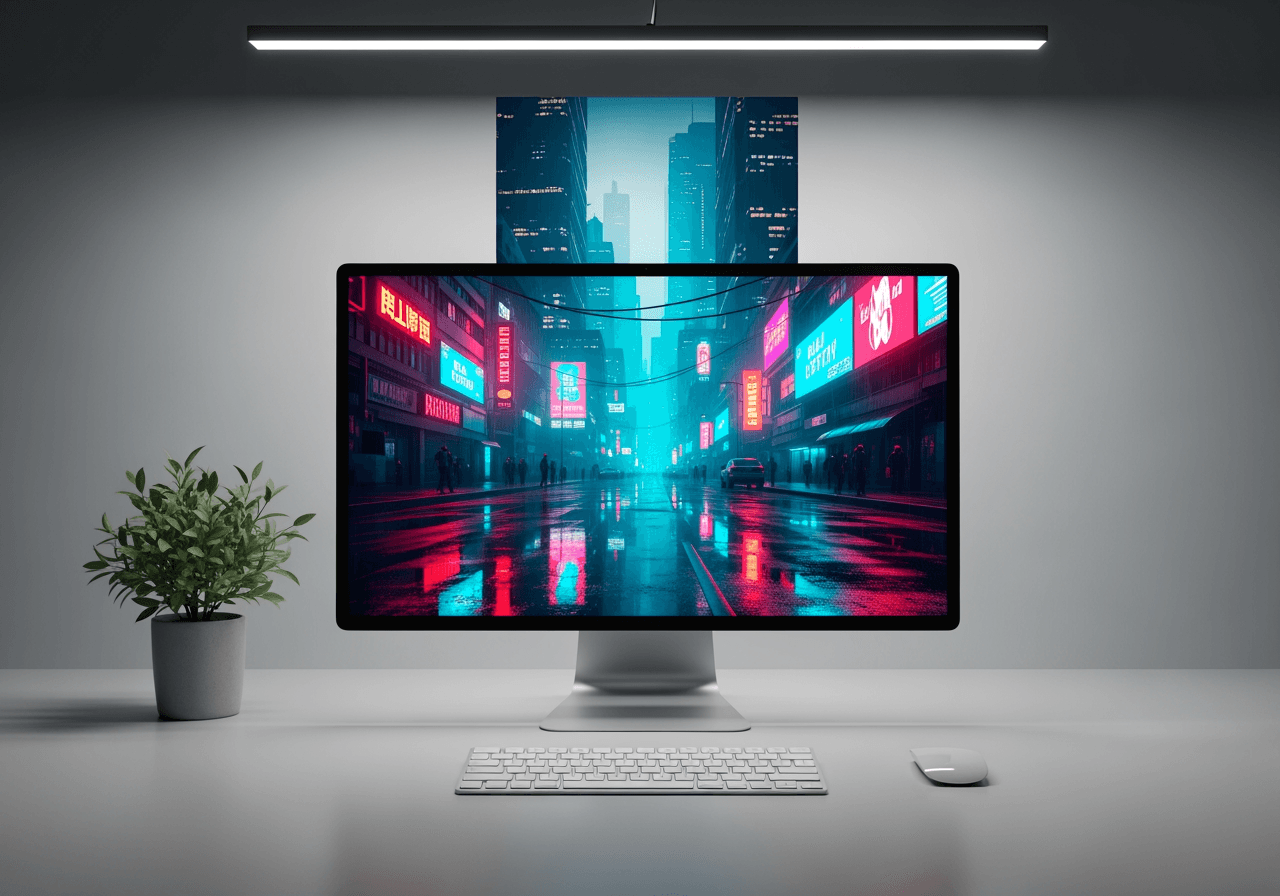 Espaço de trabalho minimalista com monitor exibindo paisagem urbana cyberpunk