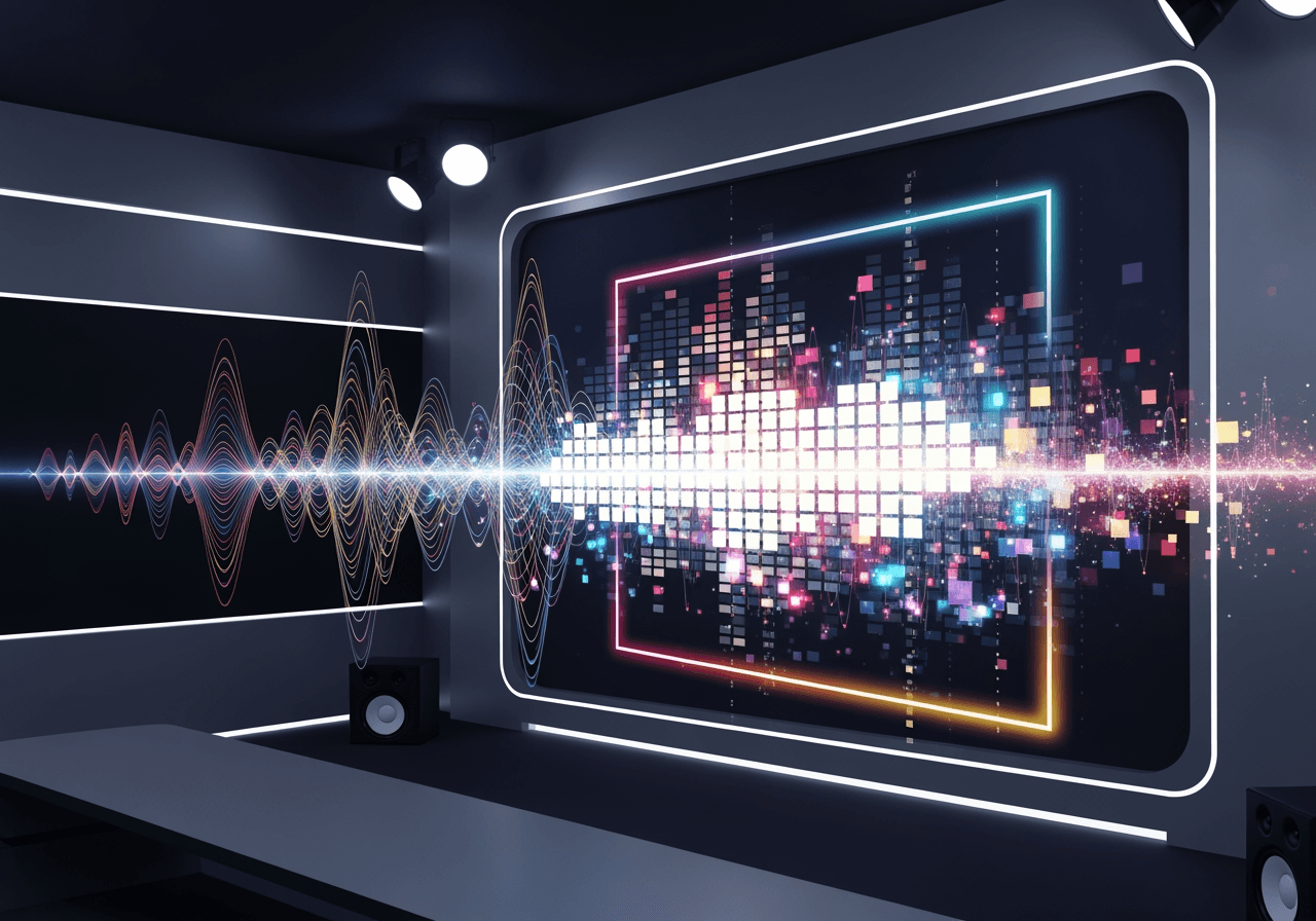 Visualización abstracta de ondas sonoras transformándose en píxeles de video digital