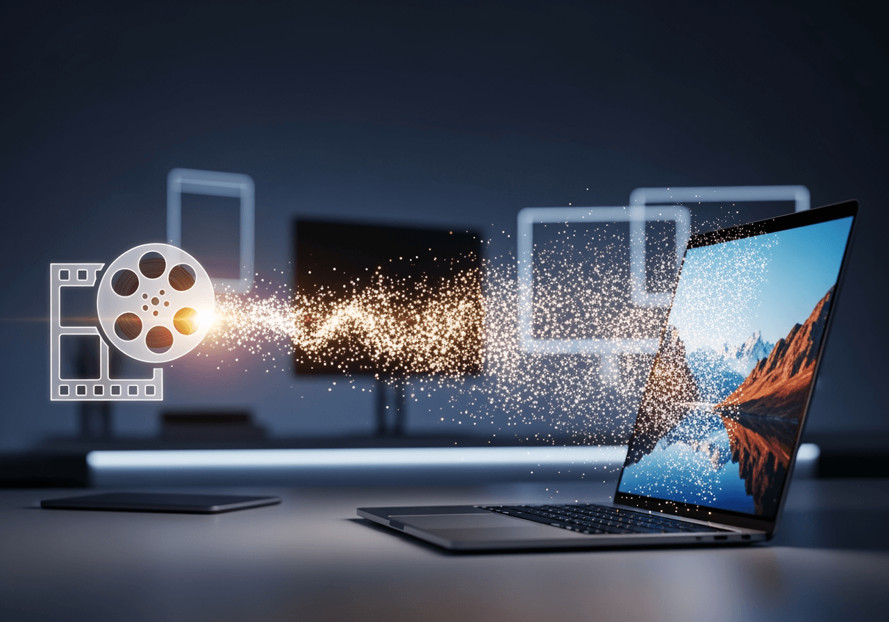 Representação abstrata de vídeo antigo se transformando em formato digital 4K moderno em uma tela