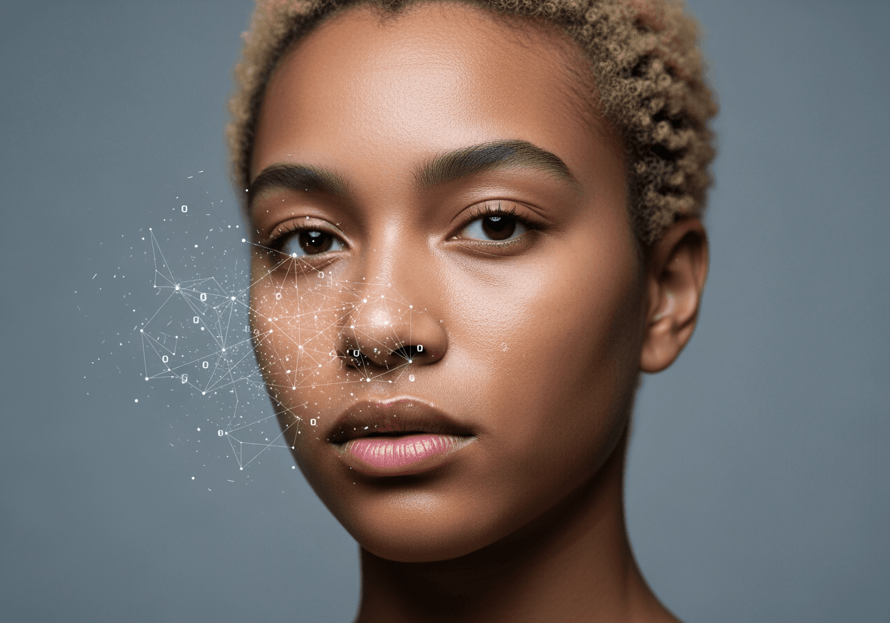 Retrato de estúdio de alta qualidade de uma pessoa com traços étnicos diversos cercada por sutis partículas de dados digitais