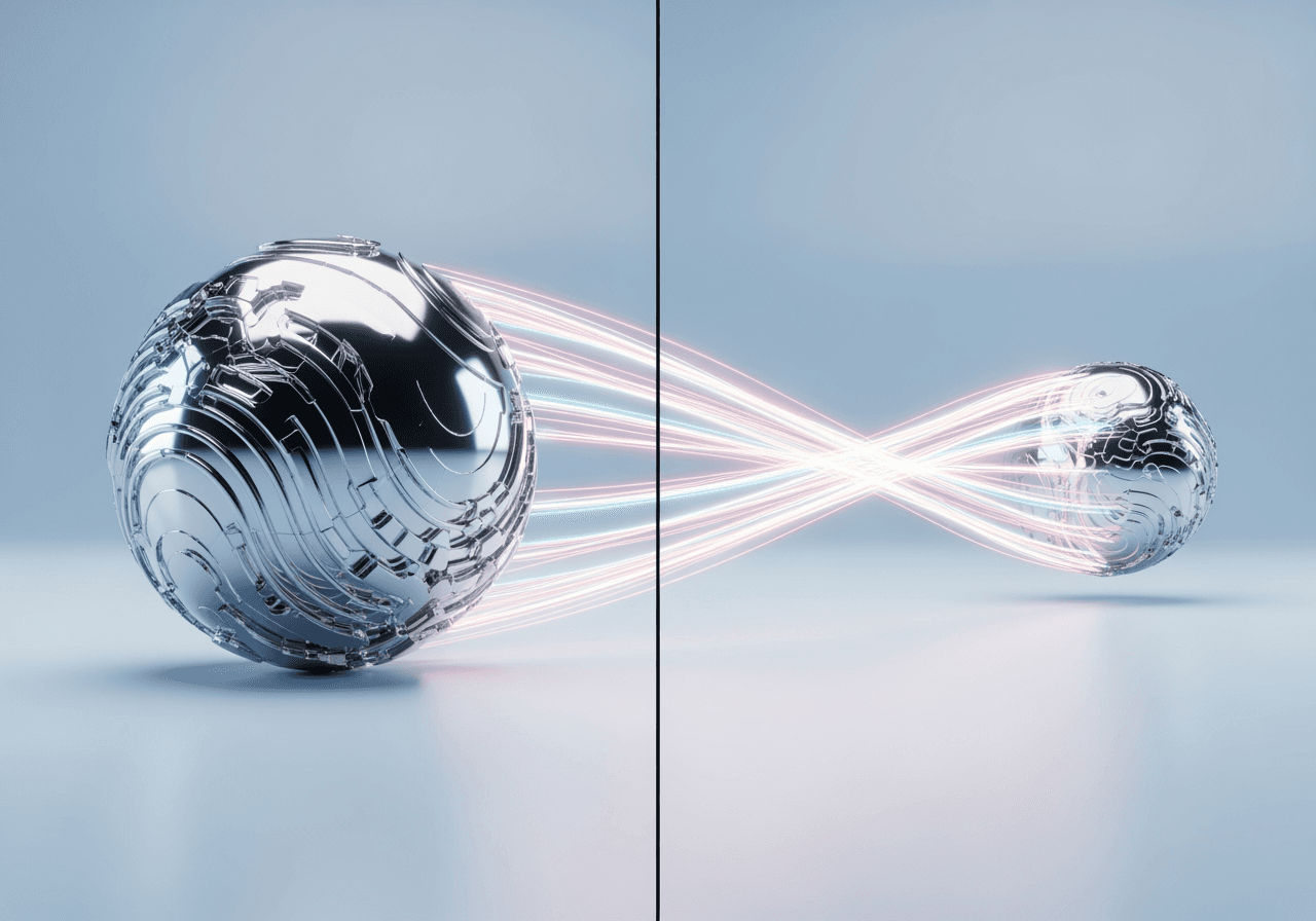 GIFの速度制御を表す、モーションブラーと静止画の対比を示す銀色の球体