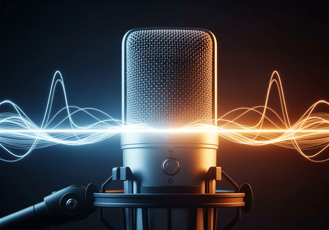 Microfono di fascia alta con onde sonore astratte che rappresentano la traduzione linguistica
