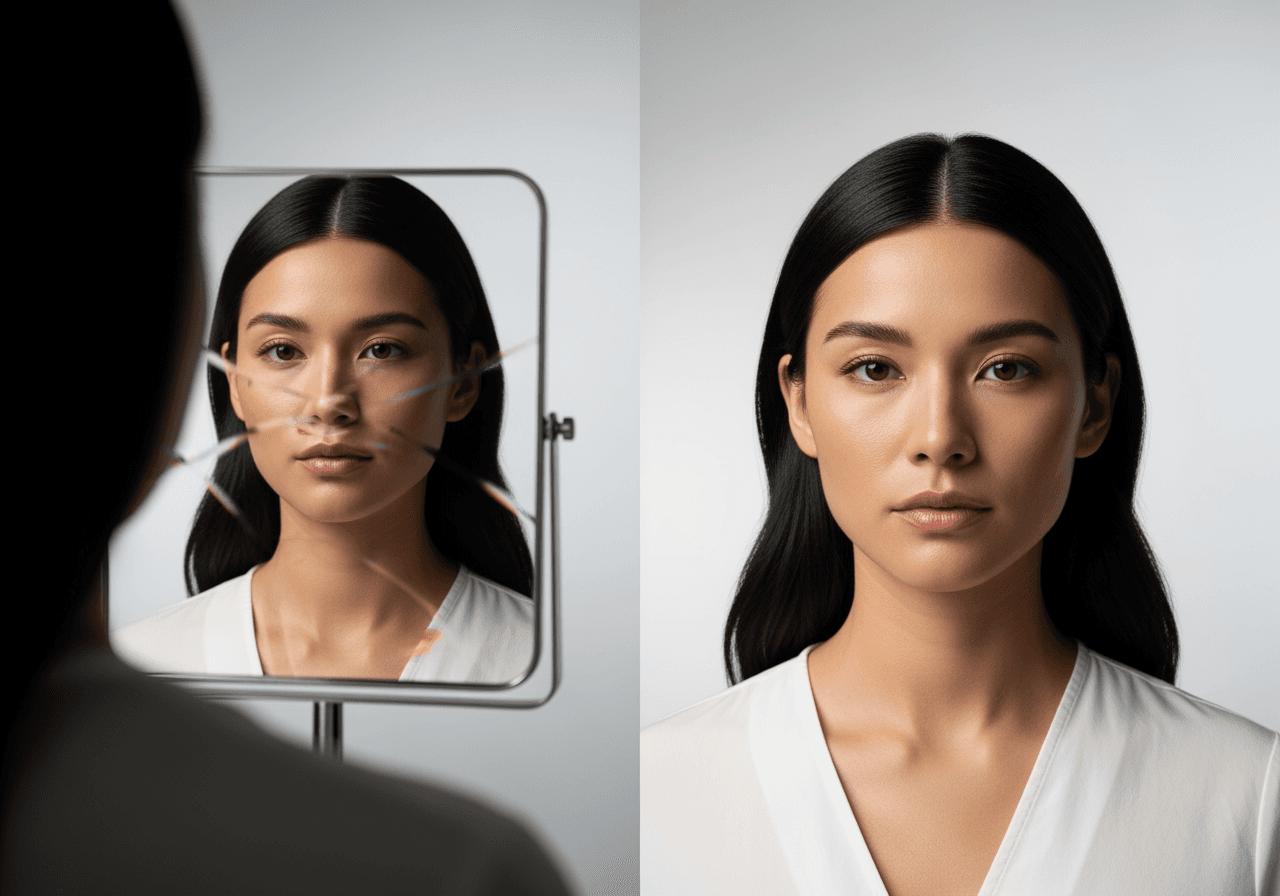 Comparaison entre le reflet standard du miroir et le visage non inversé AI True Mirror