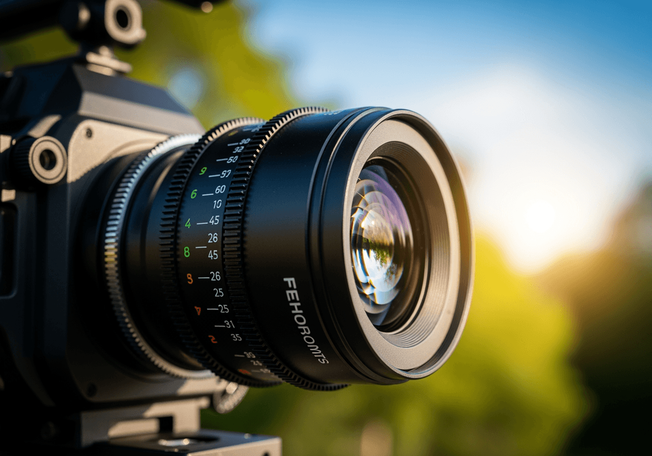 Lente de cámara de cine enfocada en una escena que representa la creación de video