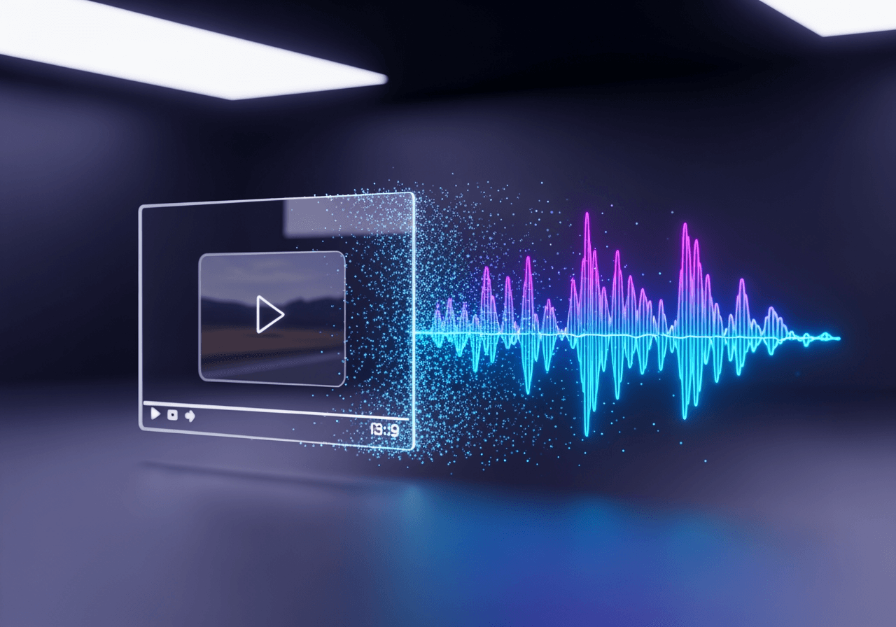 Imagem 3D elegante retratando o processo de um quadro de vídeo se transformando em uma forma de onda de áudio