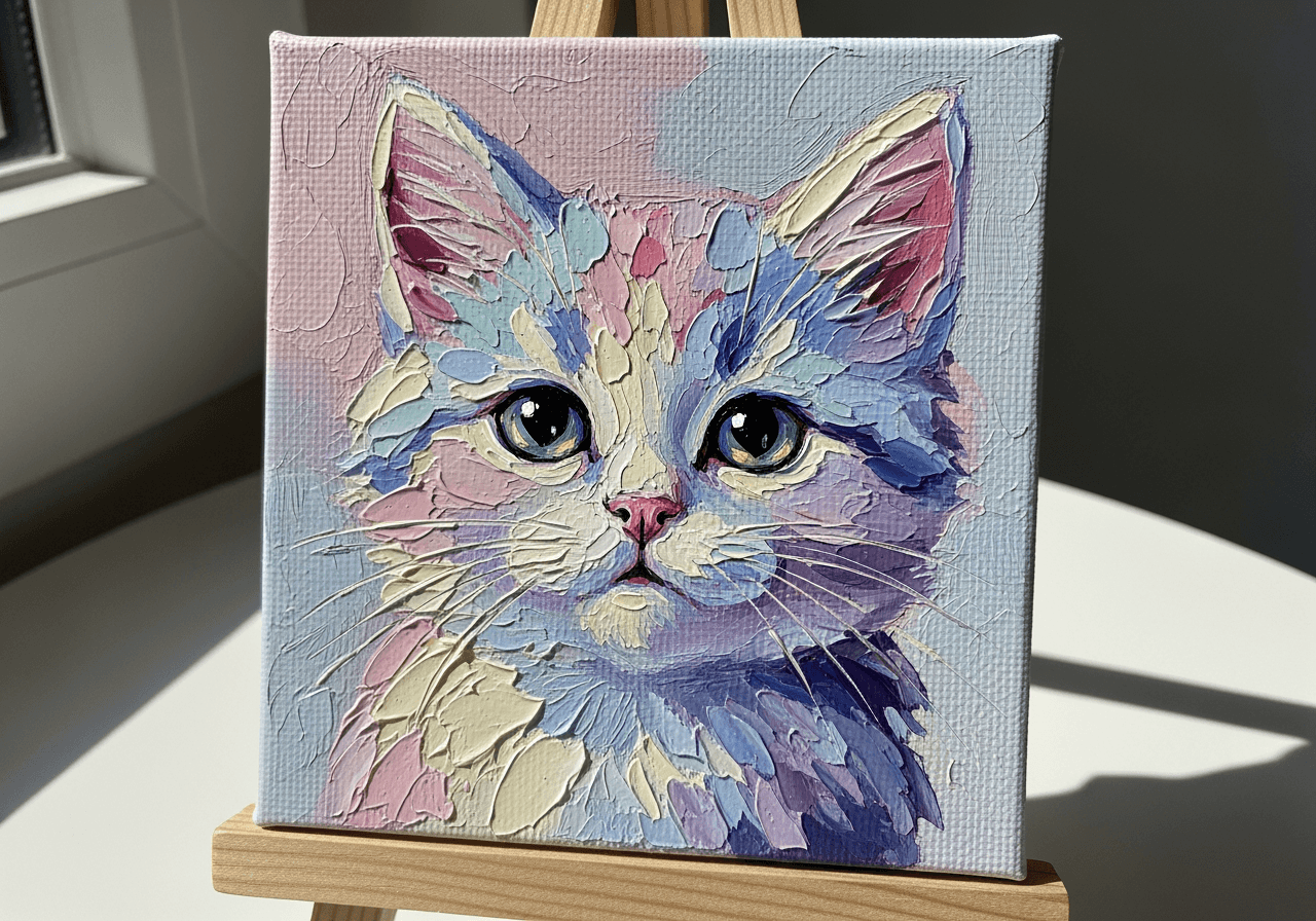 Gros plan d'une peinture à l'huile de chat mignon sur un chevalet de mini toile