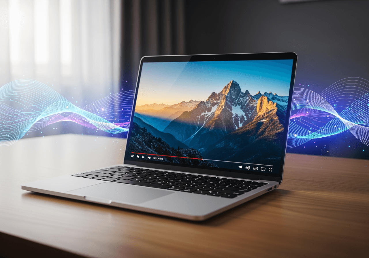 Pantalla de portátil mostrando video de alta definición con efectos de conversión digital