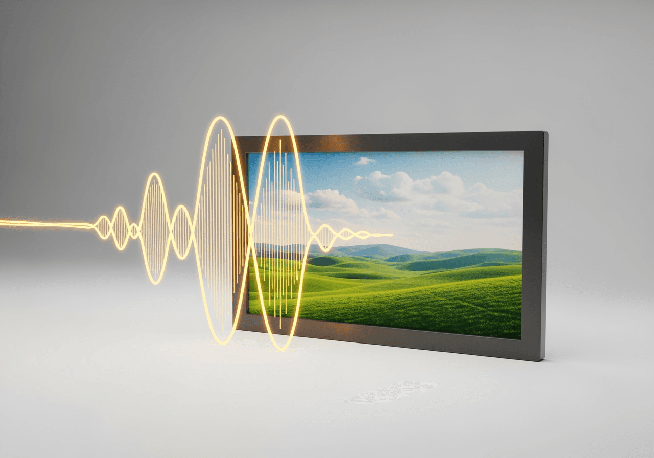 MP3オーディオ波形がデジタルフレームに流れ込み、動画に変換される様子を描いたミニマリストな3D画像