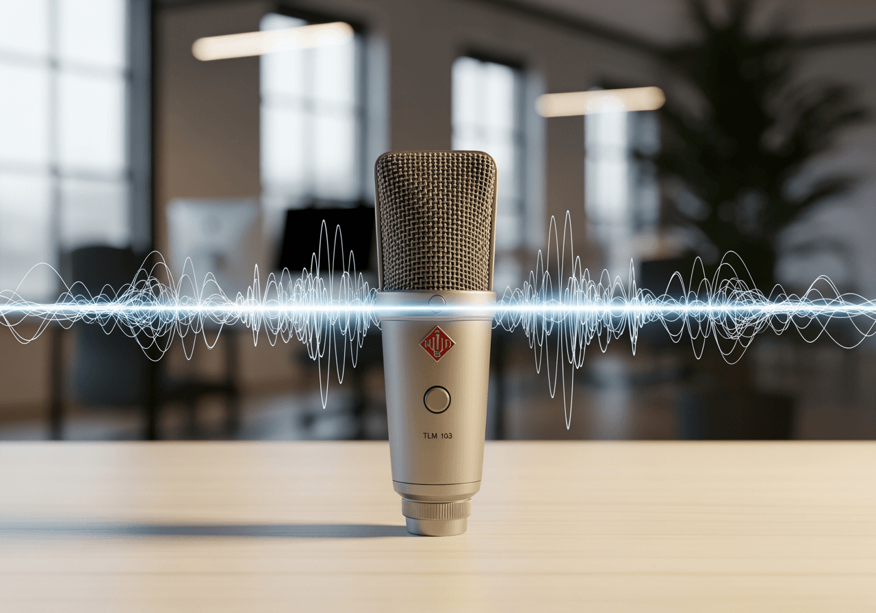 스페인어 오디오 번역을 상징하는 디지털 음파와 스튜디오 마이크