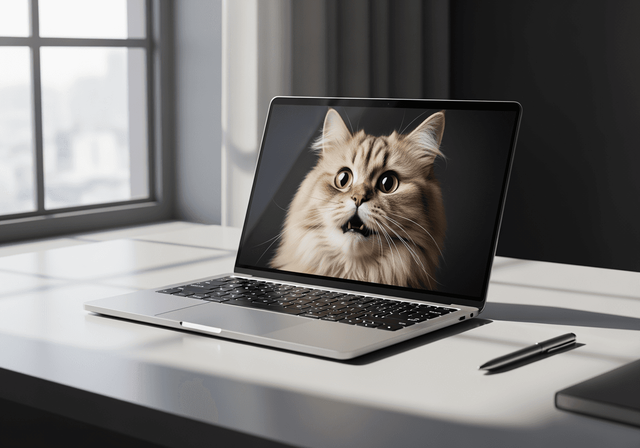Schermo del laptop che mostra una foto di gatto di alta qualità su una scrivania moderna