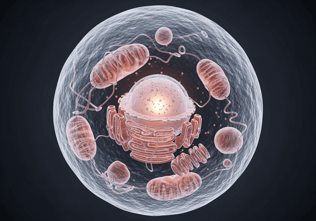 High-quality 3D animal cell model showing gently glowing organelles