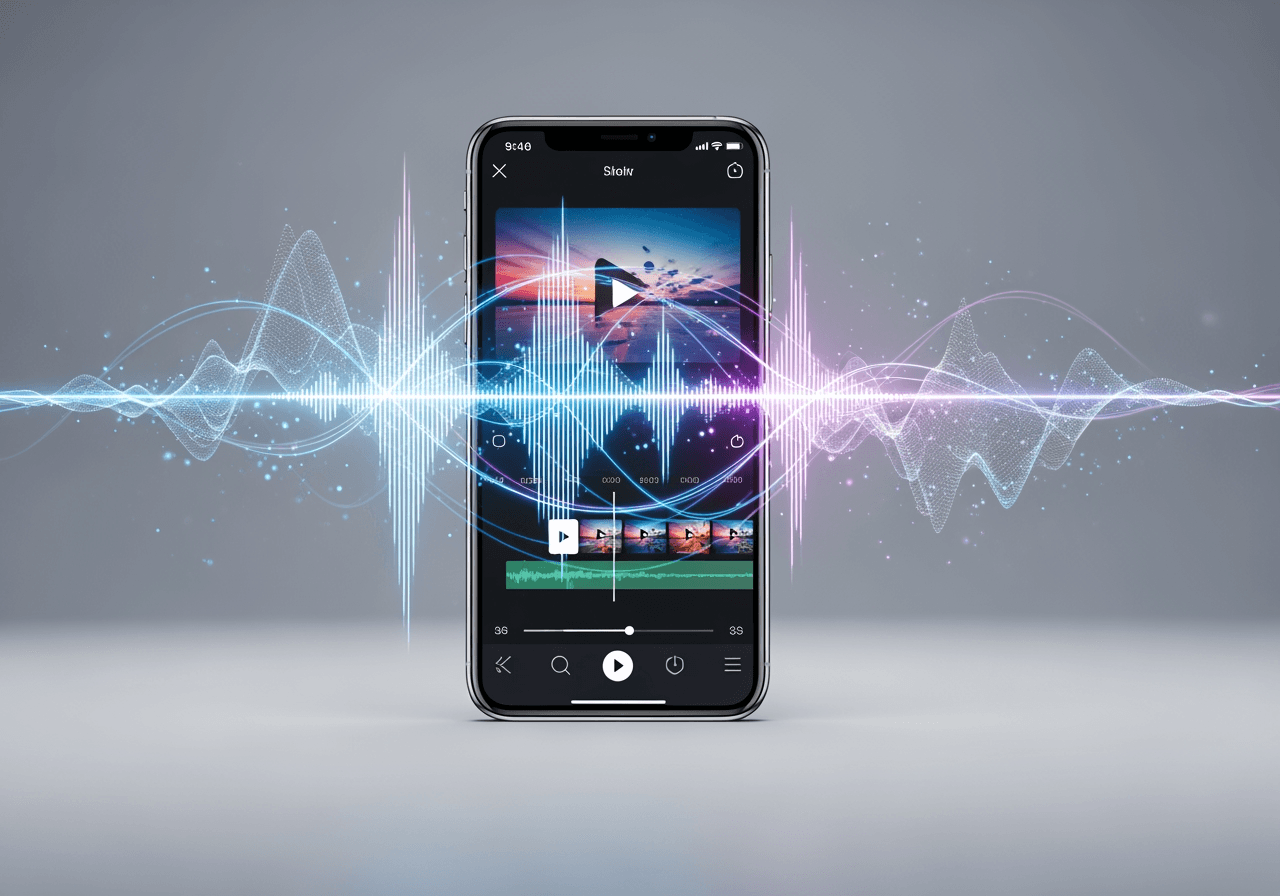 Smartphone umgeben von holografischen Schallwellen, die KI-Sprachgenerierung symbolisieren