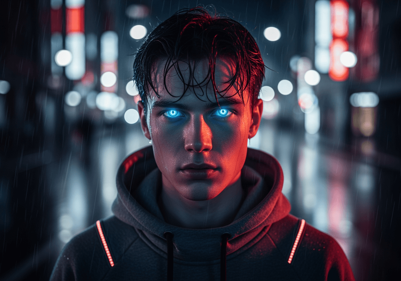 Retrato de alta qualidade de um garoto cyberpunk bonito com olhos neon