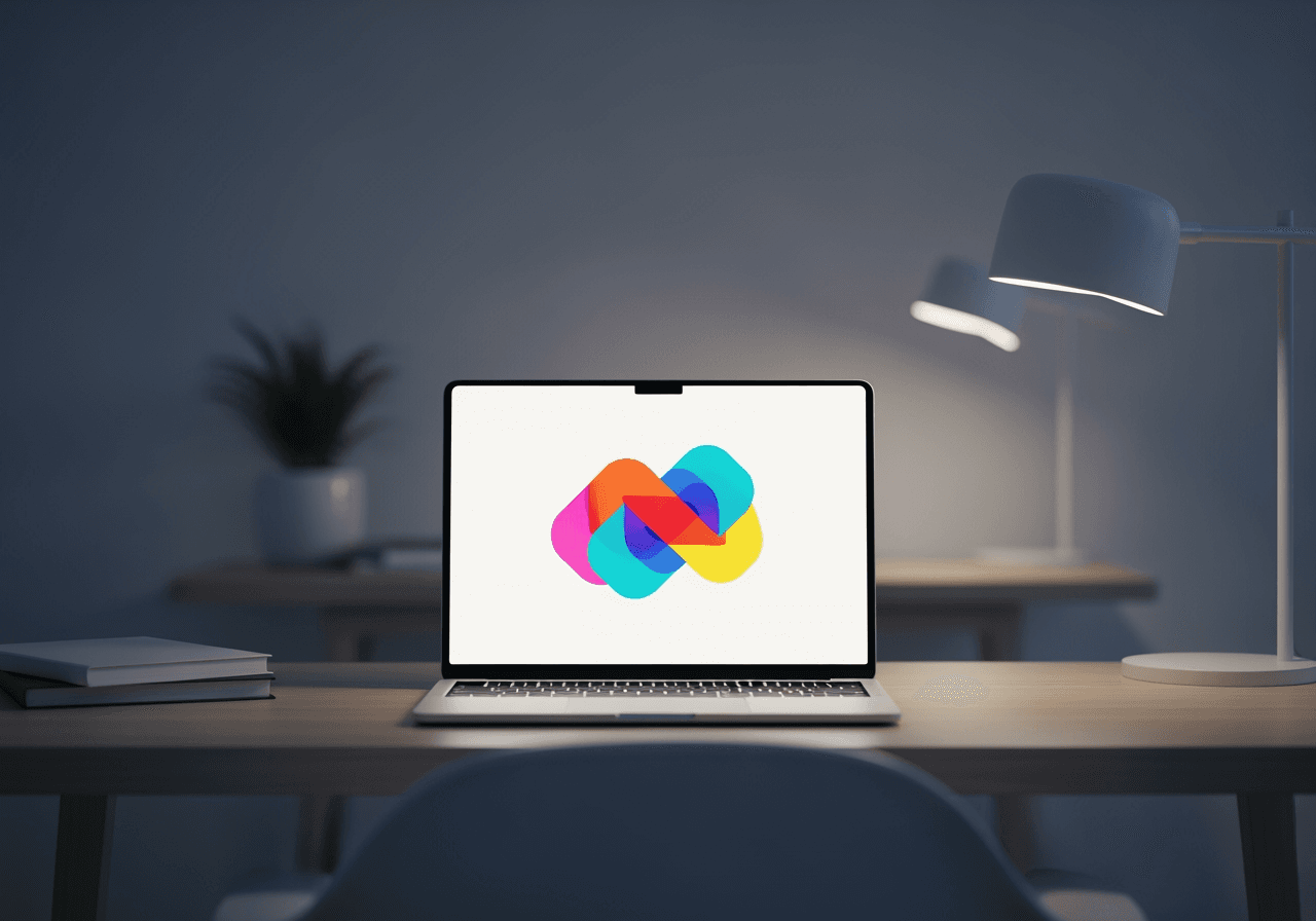 Modern workspace with a laptop showing abstract branding shapes