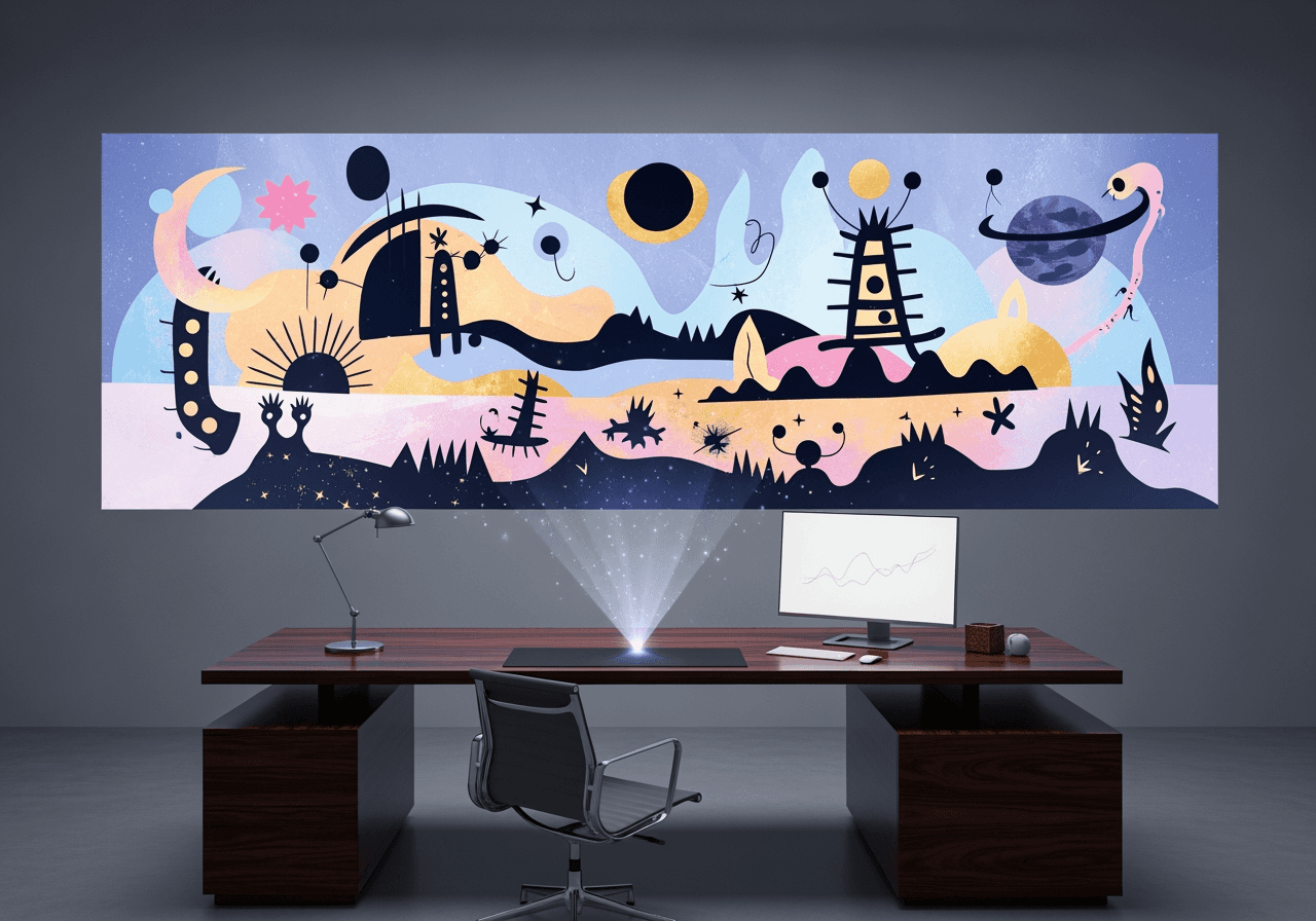 Traumhafte und mystische Landschaft im Miricle-Stil, die als Hologramm über einem minimalistischen Arbeitsplatz schwebt