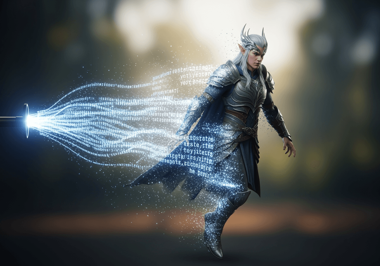 Guerrero elfo de pelo plateado materializándose de un flujo de texto digital