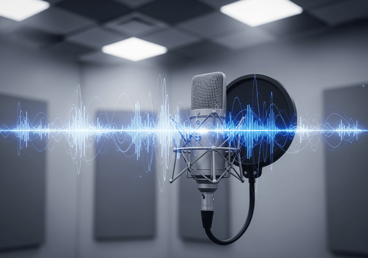 Shining sound waves visualizing AI voice analysis and a microphone in a modern recording studio
