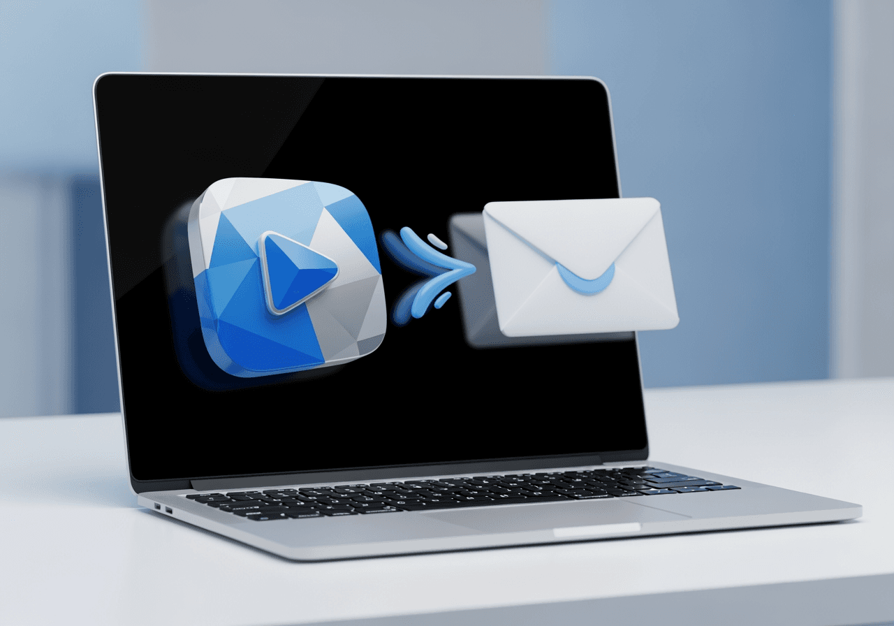 이메일 전송을 위해 비디오 파일이 압축되는 모습을 보여주는 노트북의 추상적 이미지