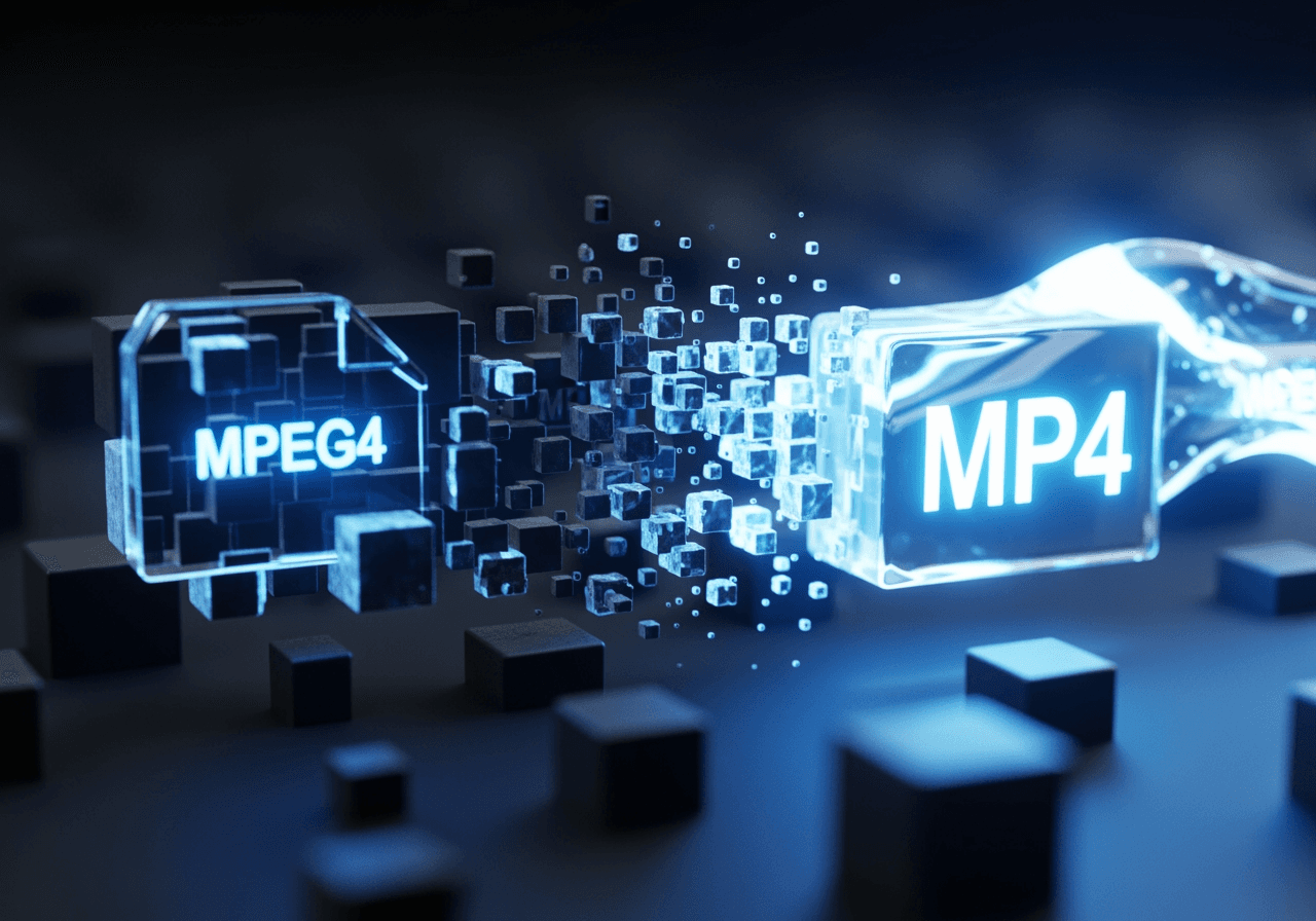 Visualização abstrata de uma estrutura de arquivo digital brilhante representando conversão de vídeo AI e upscaling 4K