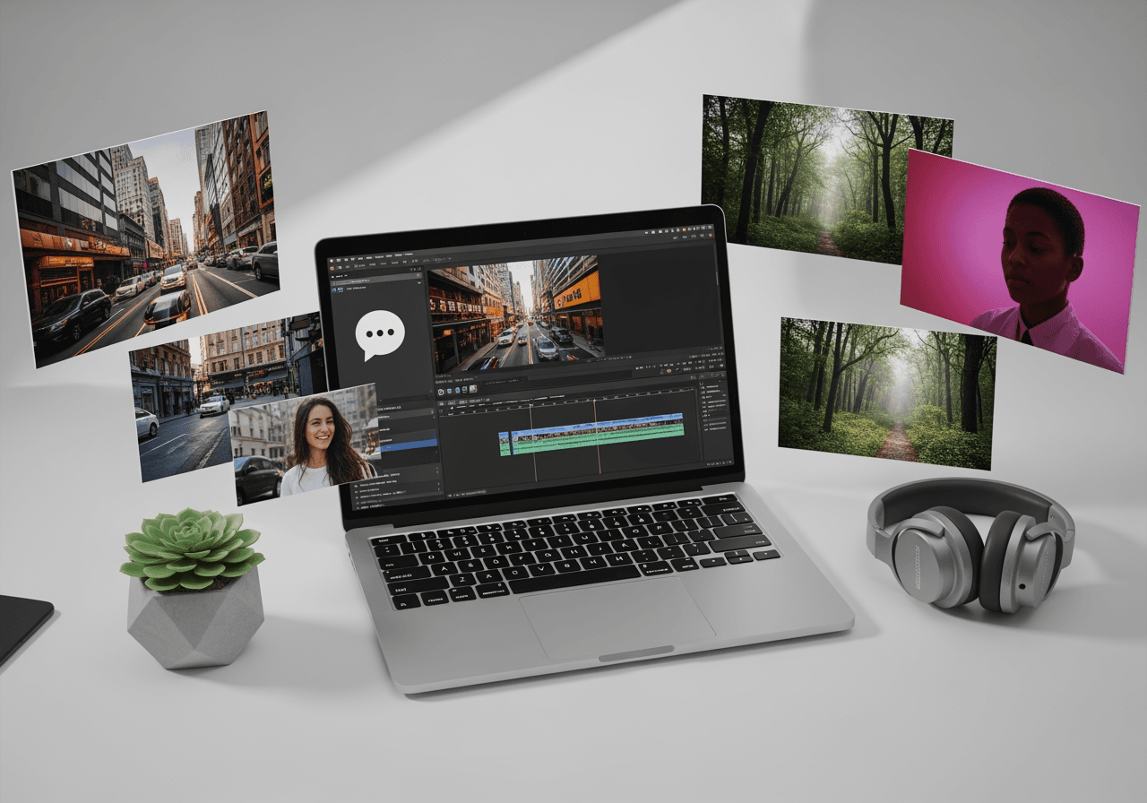 Spazio di lavoro moderno che mostra un'interfaccia di editing video basata su chat IA sullo schermo di un laptop
