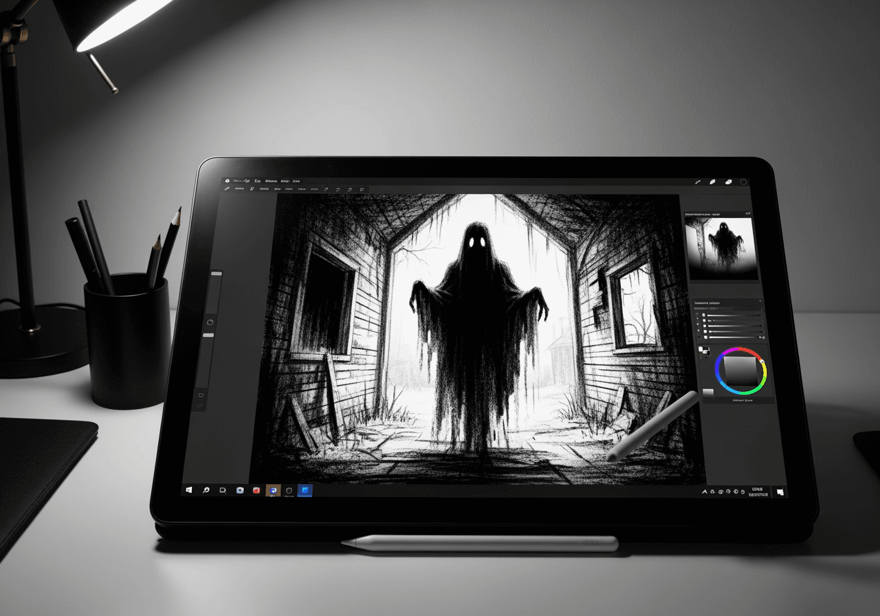 Digitales Tablet zeigt eine Kohleskizze eines Geistes