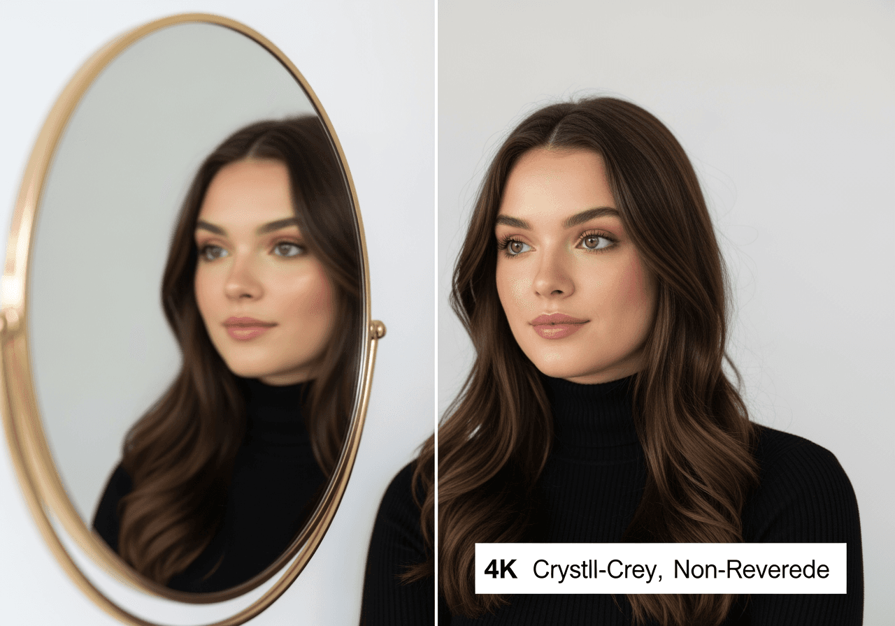 Retrato de alta qualidade comparando um reflexo de espelho com um rosto real 4K não invertido