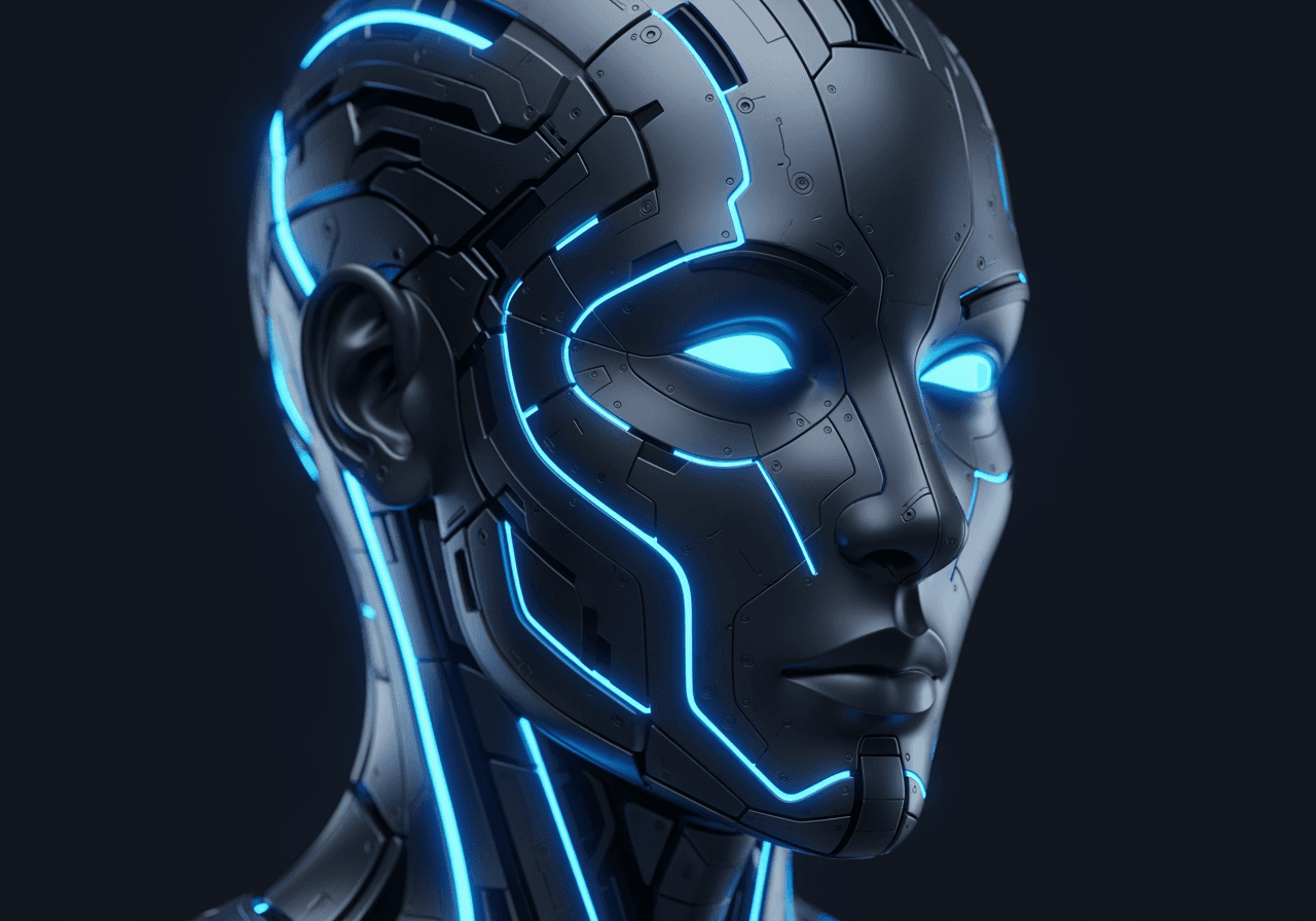 Perfil de agente de IA cyberpunk futurista con iluminación azul neón