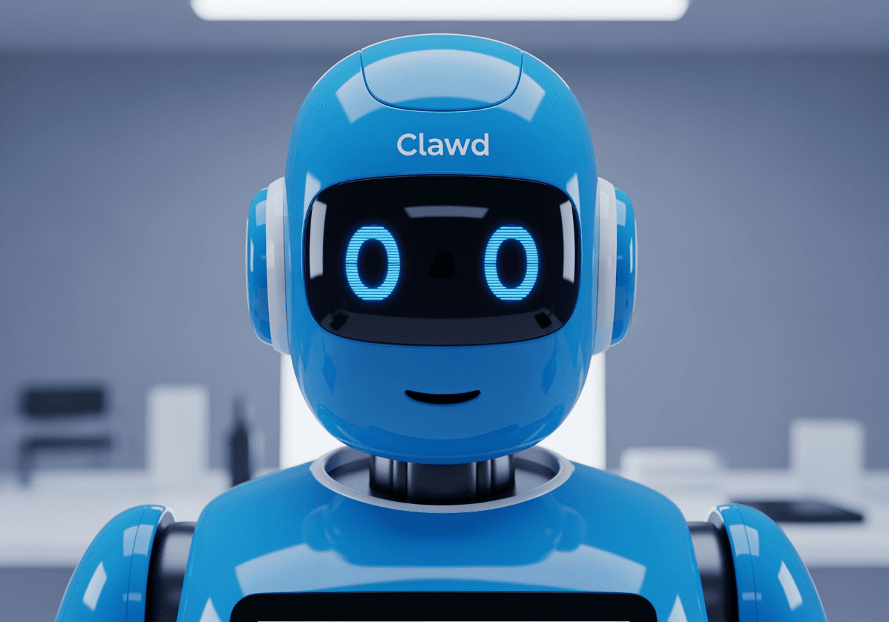 Retrato de alta calidad de un amigable asistente robot de IA azul llamado Clawd