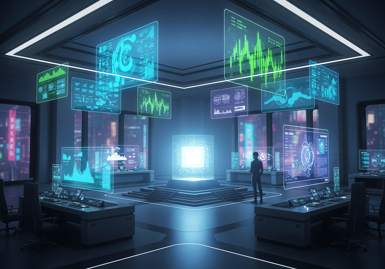 带有全息屏幕的未来派人工智能指挥中心