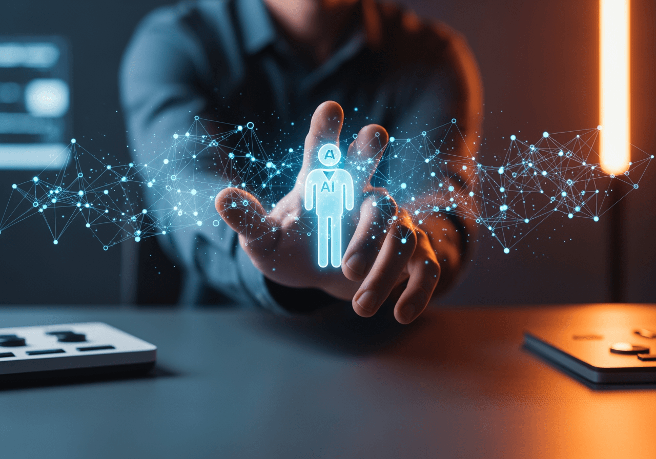 Mano interactuando con una red de agentes de IA holográfica en un espacio de trabajo futurista
