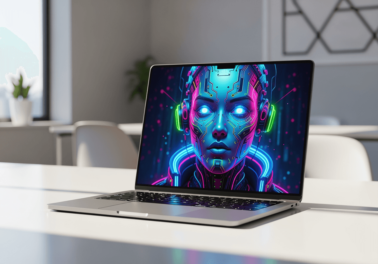 Agente de IA estilo cyberpunk futurista mostrado en una pantalla de portátil en un espacio de trabajo moderno