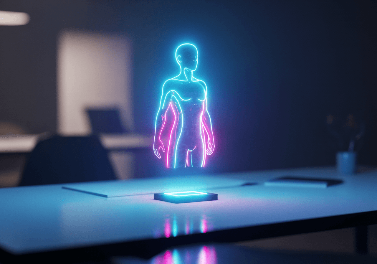 Avatar de assistente de IA cyberpunk futurista com interface holográfica e iluminação neon