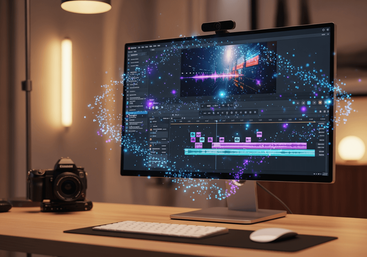Moderner Creator-Arbeitsplatz mit einem Monitor, der KI-Videobearbeitungssoftware anzeigt