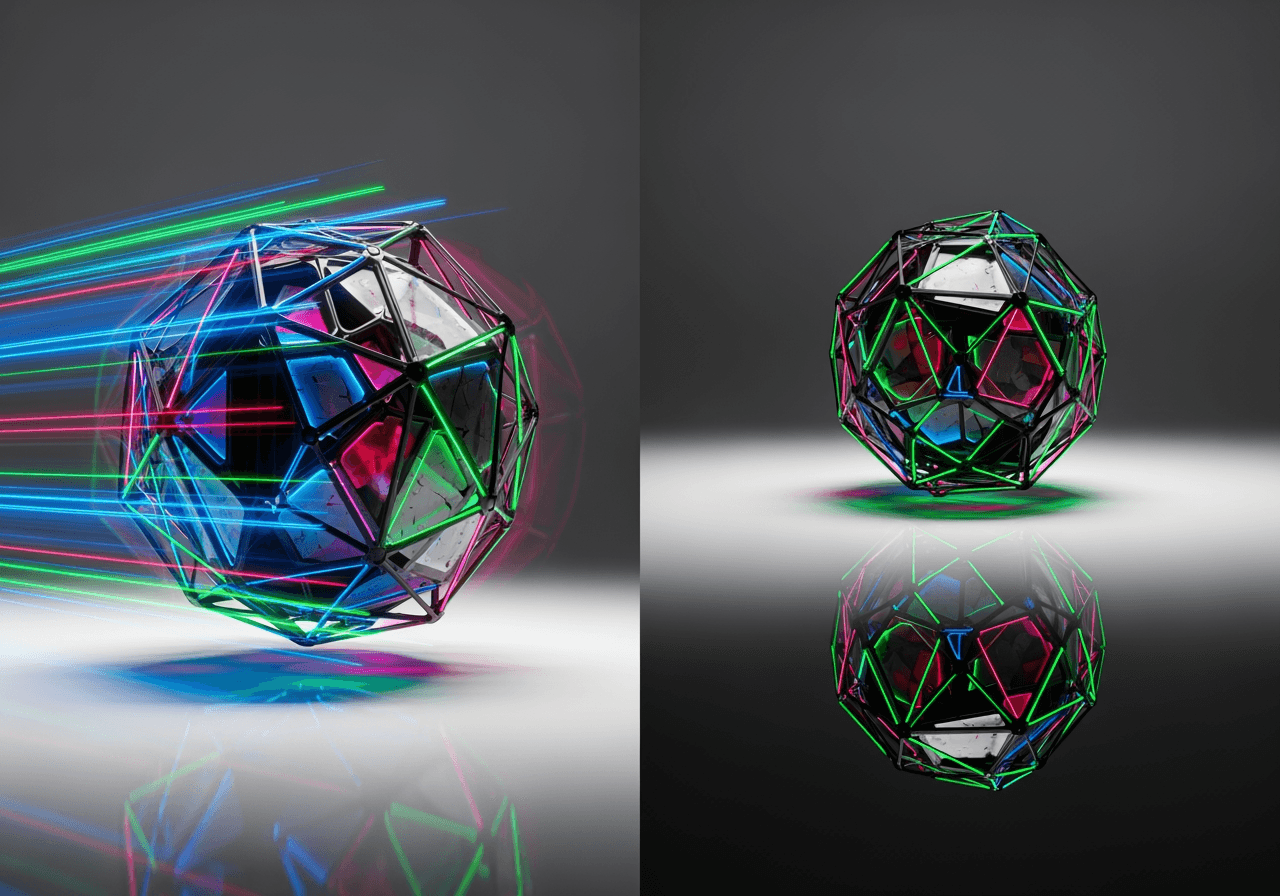 Geteilter Bildschirm, der ein bewegungsunscharfes geometrisches Objekt zeigt, das links und rechts perfekt gespiegelt ist