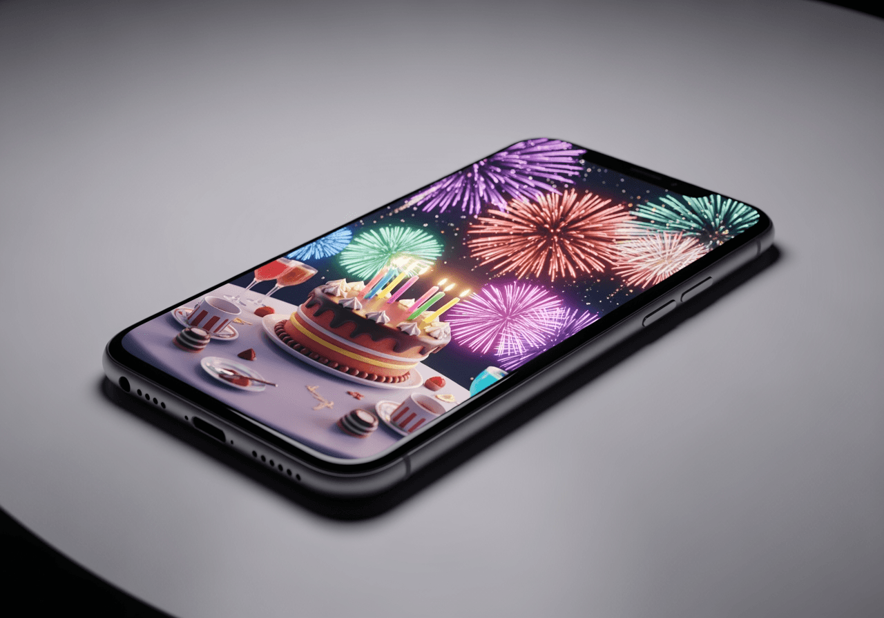 Modernes Smartphone, das eine 3D-Geburtstagsfeier-Animation mit Torte und Feuerwerk anzeigt
