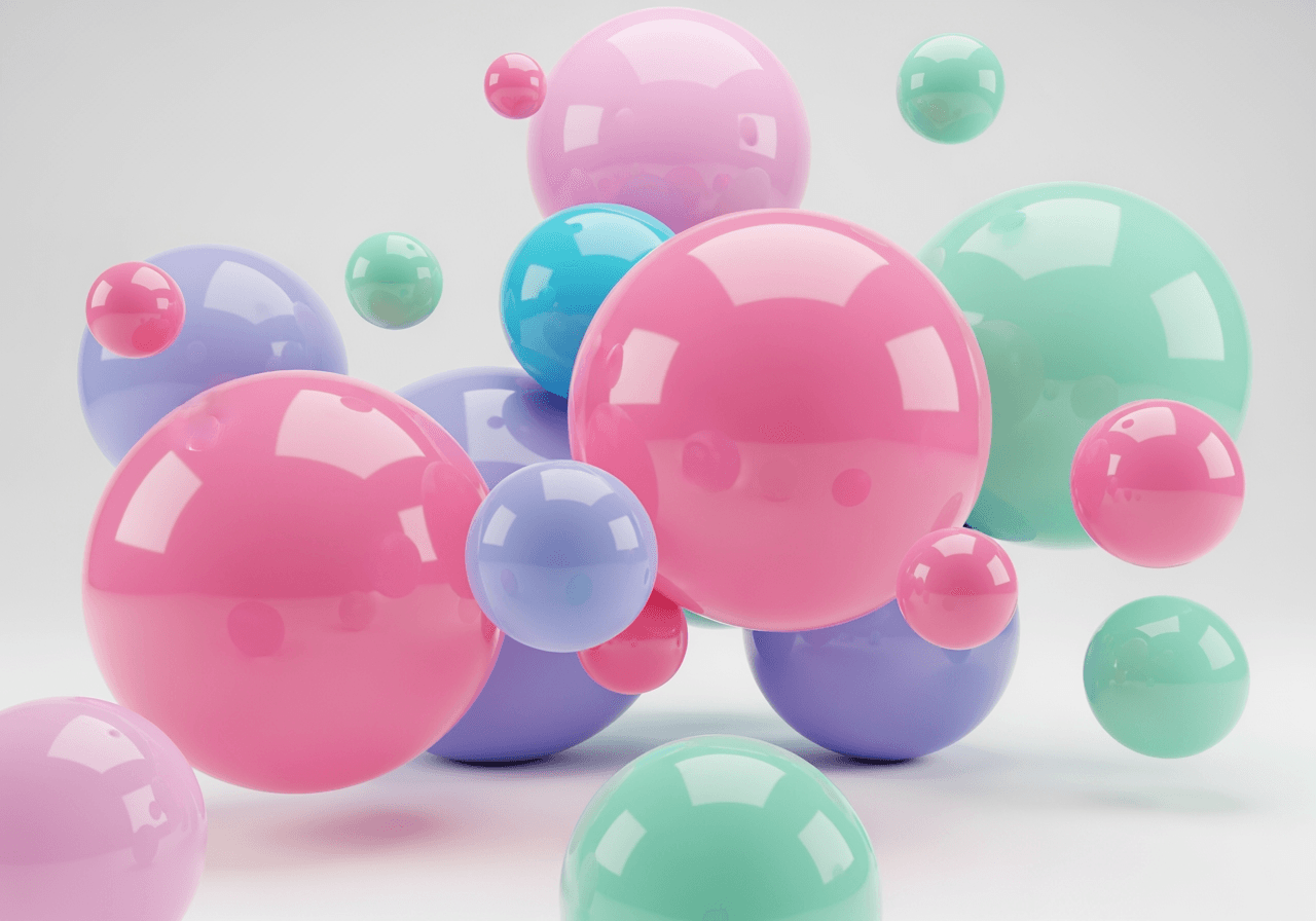 漂浮在明亮工作室背景中的有光泽的粉色 3D 泡泡形状