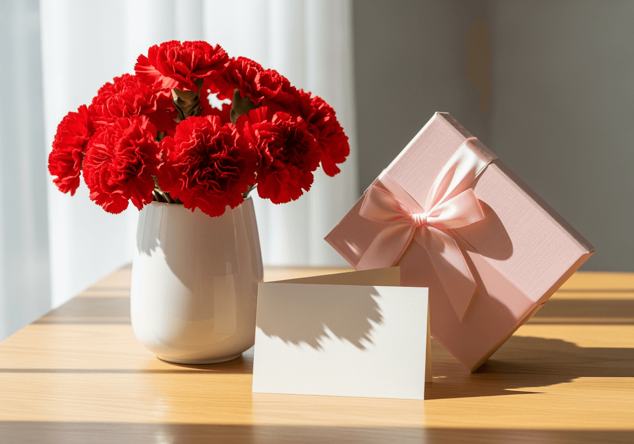 Red carnations bouquet and gift box on a wooden table for Mother's Day