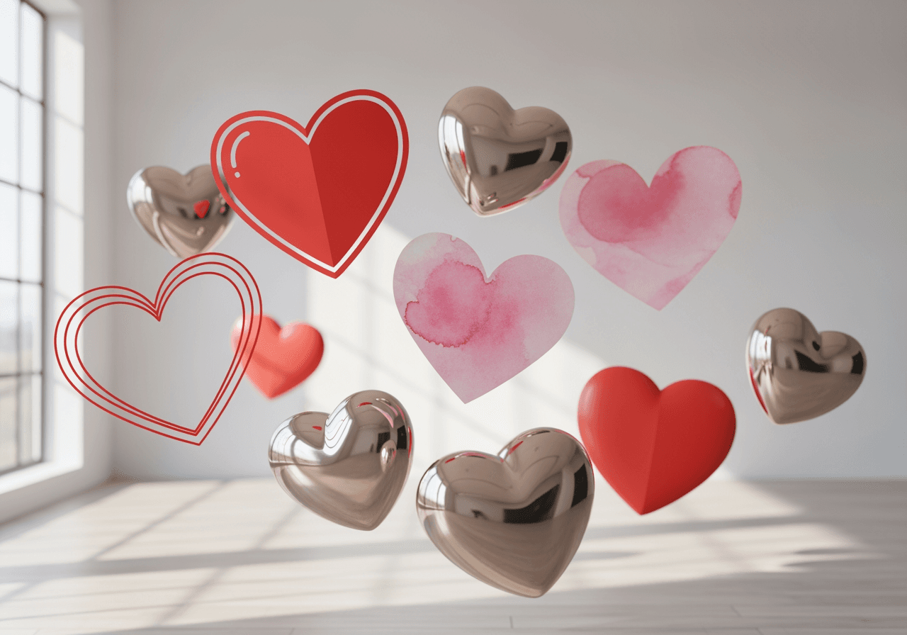 矢量、水彩和3D风格的多样化艺术爱心插图