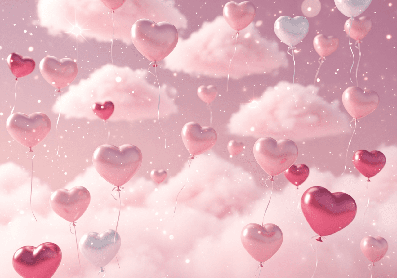 부드러운 파스텔 핑크 구름과 하트 풍선이 있는 몽환적인 밸런타인데이 배경화면