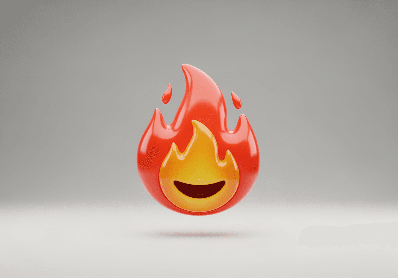Emoji de fuego 3D brillante con degradados naranja y rojo en un estudio minimalista