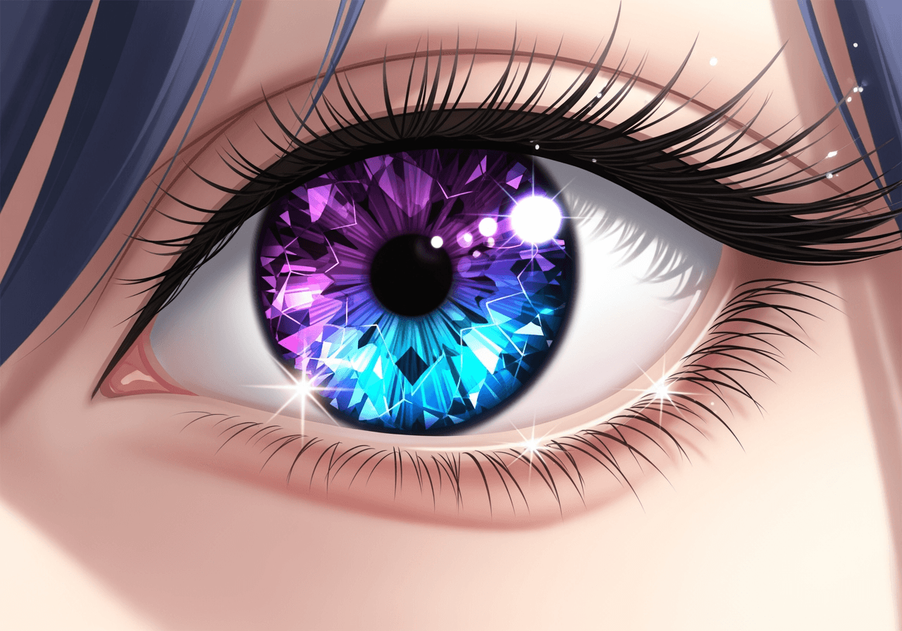 Primo piano di un occhio anime generato dall'IA con dettagli gioiello e riflessi scintillanti
