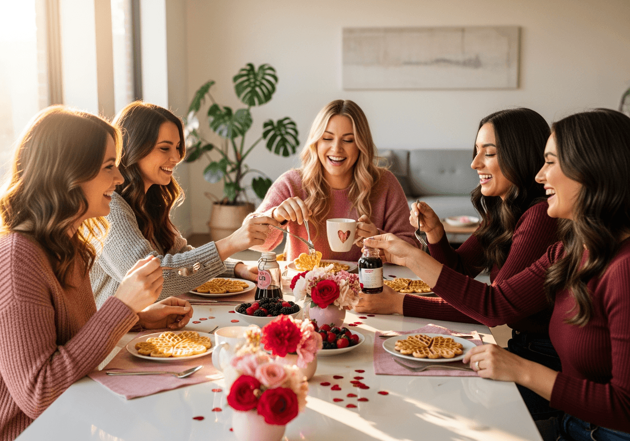 Amiche che ridono e mangiano waffle a una festa di Galentine's Day