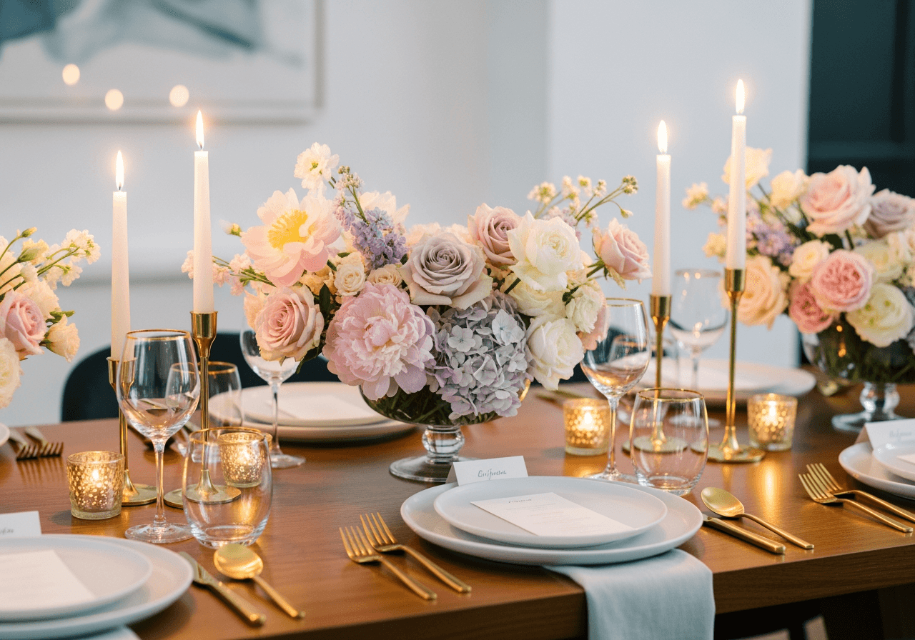 파스텔 톤 꽃과 촛불이 어우러진 고급스럽고 로맨틱한 기념일 분위기 연출